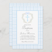 Blue Gingham Baptism Uitnodiging, Jongensdoop Kaart (Voorkant / Achterkant)