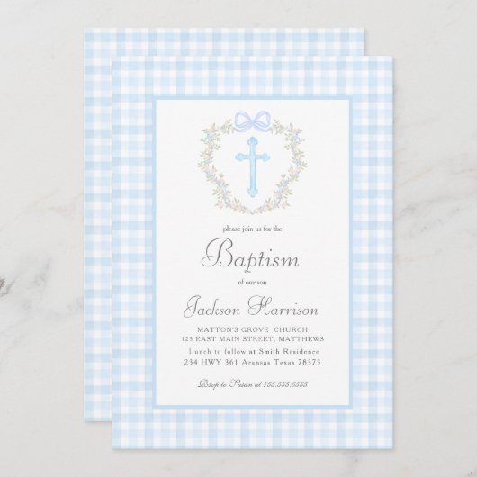 Blue Gingham Baptism Uitnodiging, Jongensdoop Kaart (Voorkant / Achterkant)