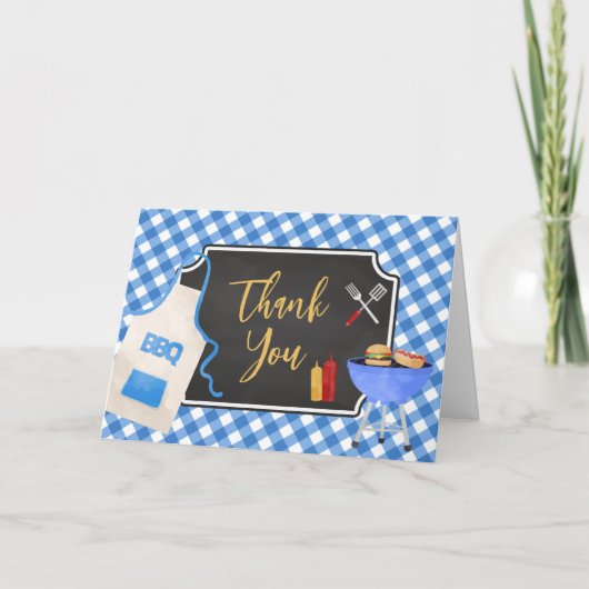 Blue Gingham BBQ Baby shower Bedankkaart (Voorkant)