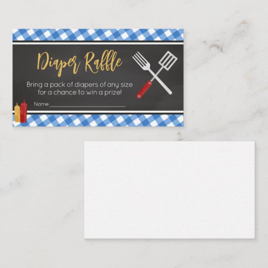 Blue Gingham BBQ Baby shower Luier Raffle Informatiekaartje (Voorkant / Achterkant)