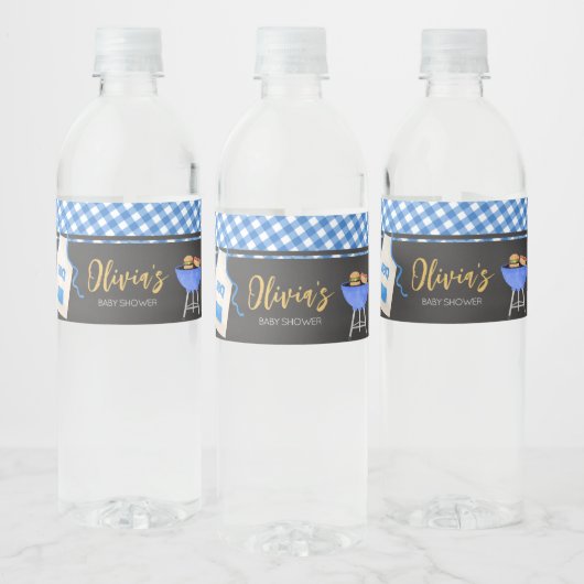 Blue Gingham BBQ Baby shower Waterfles Etiket (Flessen)