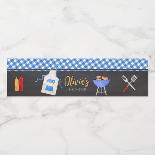 Blue Gingham BBQ Baby shower Waterfles Etiket (Enkel label)