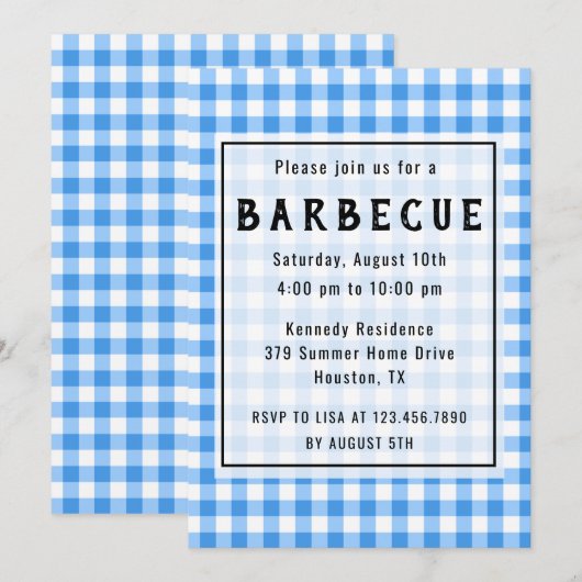 Blue Gingham BBQ Party Kaart (Voorkant / Achterkant)