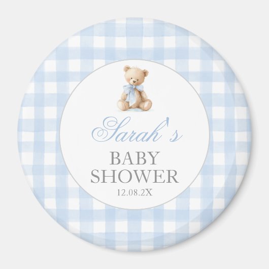 Blue Gingham Bear Baby Shower Magneet (Voorkant)