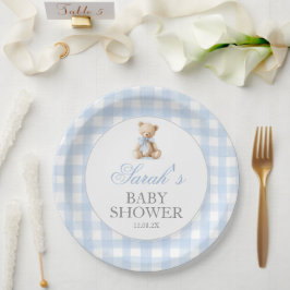 Blue Gingham Bear Baby Shower Papieren Bordje
