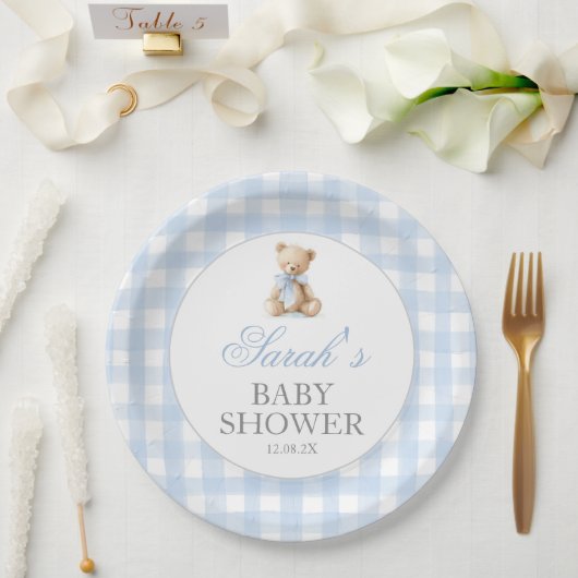 Blue Gingham Bear Baby Shower Papieren Bordje (Huwelijk)