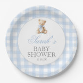 Blue Gingham Bear Baby Shower Papieren Bordje (Voorkant)