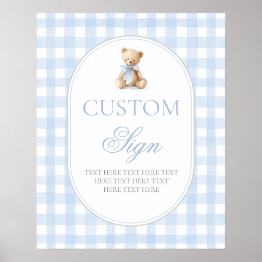 Blue Gingham Bear Customized sign Poster (Voorkant)