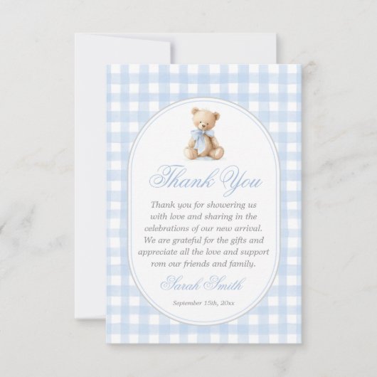 Blue Gingham Bear Grand millennial Bedankkaart (Voorkant)