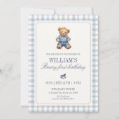 Blue Gingham Beary First Birthday Boy Teddy Bear  Kaart (Voorkant)