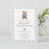 Blue Gingham Beary First Birthday Boy Teddy Bear  Kaart (Staand voorkant)