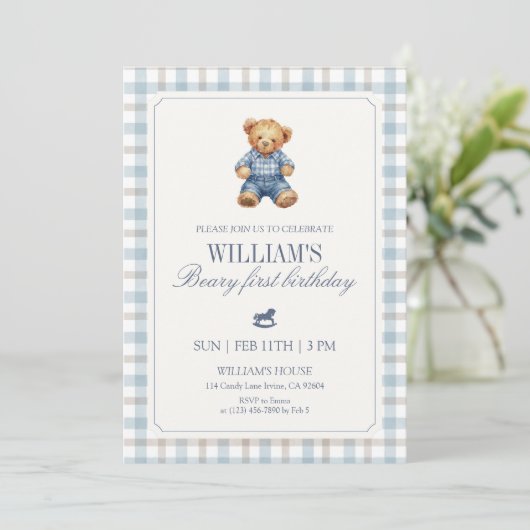 Blue Gingham Beary First Birthday Boy Teddy Bear  Kaart (Staand voorkant)