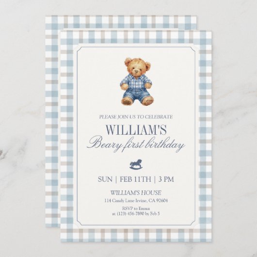Blue Gingham Beary First Birthday Boy Teddy Bear  Kaart (Voorkant / Achterkant)