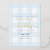 Blue Gingham Birthday Gold Foil Invitation Folie Uitnodiging (Voorkant)