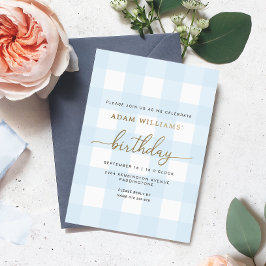 Blue Gingham Birthday Gold Foil Invitation Folie Uitnodiging