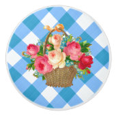 Blue Gingham Bloemenmand Land Keramische Knop (Voorkant)