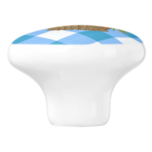 Blue Gingham Bloemenmand Land Keramische Knop (Zijkant)