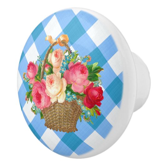 Blue Gingham Bloemenmand  Land Keramische Knop (Rechts)