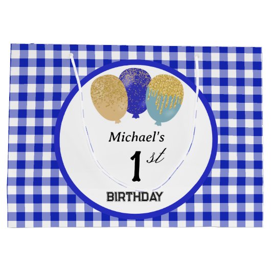 Blue Gingham & Blue Glitter Party Ballonnen Groot Cadeauzakje (Achterkant)