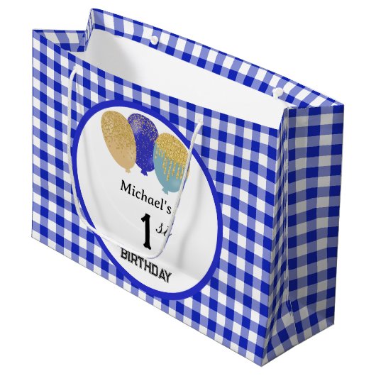 Blue Gingham & Blue Glitter Party Ballonnen Groot Cadeauzakje (Voorkant Gekanteld)