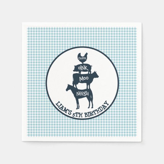 Blue Gingham Boerderij thema Dier Verjaardag Servetten (Voorkant)