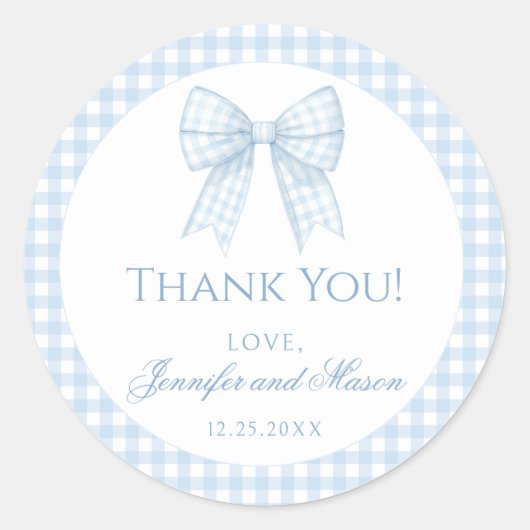 Blue gingham boog baby boy dank u ronde stickers (Voorkant)