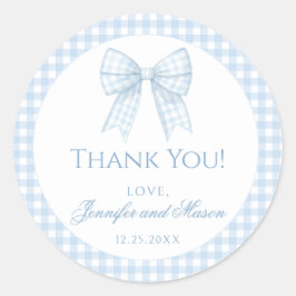 Blue gingham boog baby boy dank u ronde stickers