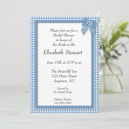 Blue Gingham Border met Faux Ribbon Vrijgezellenfe Kaart (Staand voorkant)