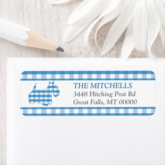 Blue Gingham Border Scottie Dog Etiket (Insitu)