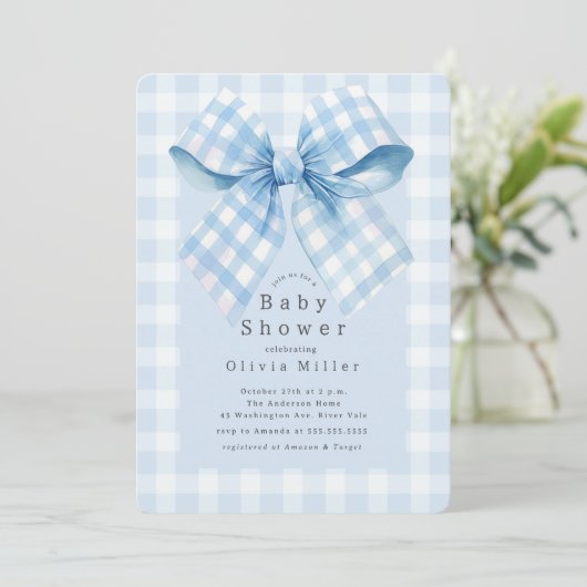 Blue Gingham Bow Baby shower Kaart (Staand voorkant)