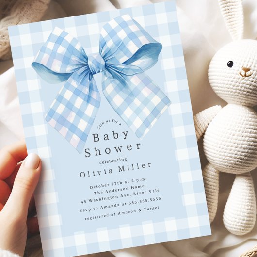Blue Gingham Bow Baby shower Kaart