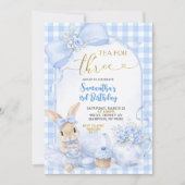 Blue Gingham Bow Bunny Tea Party Third Birthday Kaart (Voorkant)