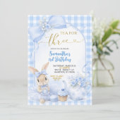Blue Gingham Bow Bunny Tea Party Third Birthday Kaart (Staand voorkant)