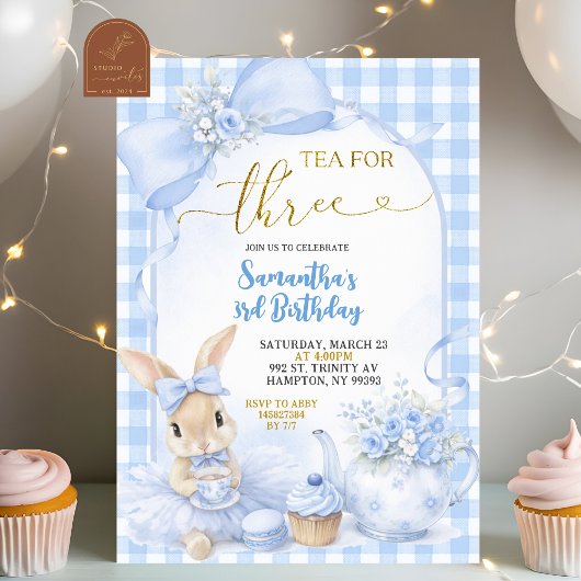 Blue Gingham Bow Bunny Tea Party Third Birthday Kaart
