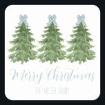Blue Gingham Bow Christmas Tree Sticker Gift Label<br><div class="desc">Schattige sticker cadeau label met kerstbomen met blauw gingham boog topper ontwerp,  gepersonaliseerd met jouw naam</div>