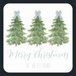 Blue Gingham Bow Christmas Tree Sticker Gift Label<br><div class="desc">Schattige sticker cadeau label met kerstbomen met blauw gingham boog topper ontwerp,  gepersonaliseerd met jouw naam</div>