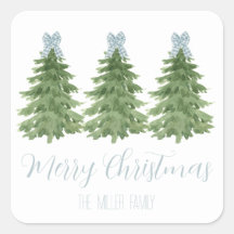 Blue Gingham Bow Christmas Tree Sticker Gift Label