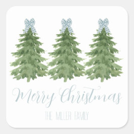 Blue Gingham Bow Christmas Tree Sticker Gift Label