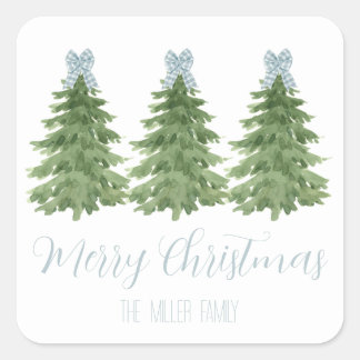 Blue Gingham Bow Christmas Tree Sticker Gift Label