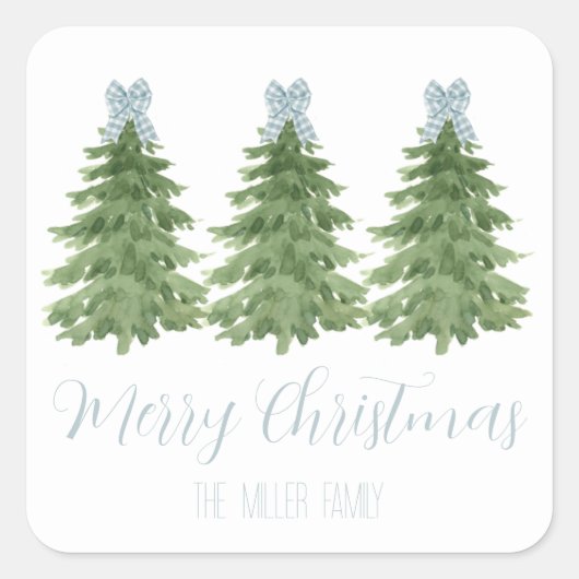 Blue Gingham Bow Christmas Tree Sticker Gift Label (Voorkant)