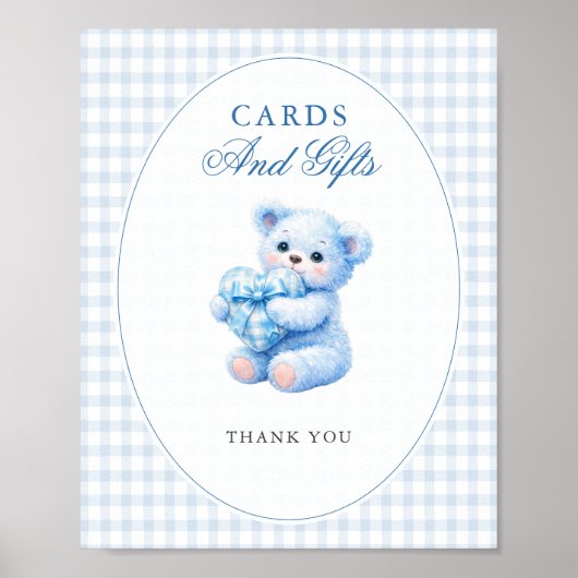 Blue Gingham Bow Heart Teddy Bear Baby Shower Poster (Voorkant)