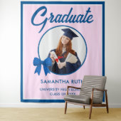 Blue Gingham Bow Photo Graduation Backdrop Wandkleed (In situ)