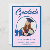 Blue Gingham Bow Photo Graduation Party Kaart (Voorkant)