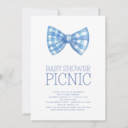 Blue Gingham Bow Stropdas Baby shower picknick Kaart (Voorkant)