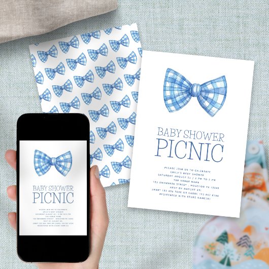 Blue Gingham Bow Stropdas Baby shower picknick Kaart
