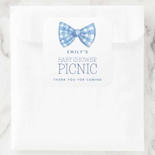 Blue Gingham Bow Stropdas Naam Baby shower Dank u Vierkante Sticker (Tas)