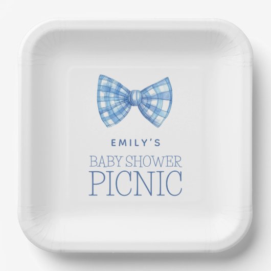 Blue Gingham Bow Stropdas Naam Baby shower Picnic Papieren Bordje (Voorkant)