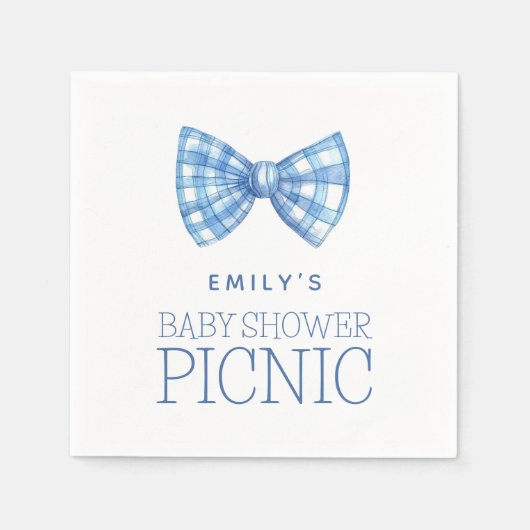 Blue Gingham Bow Stropdas Naam Baby shower Picnic Servet (Voorkant)