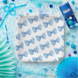 Blue Gingham Bow Stropdas Pattern Baby shower Picn Papieren Bordje