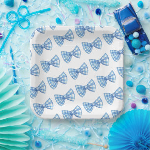 Blue Gingham Bow Stropdas Pattern Baby shower Picn Papieren Bordje